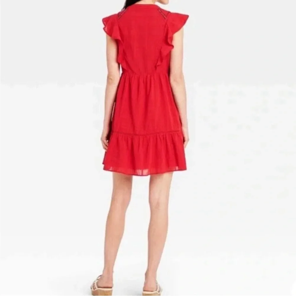 Knox Rose Red Dress with Blue Embroidery Size Large Lined 💯 Cotton - Picture 6 of 11